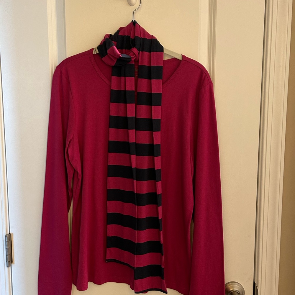 LL Bean ,long sleeve, pink shirt, matching navy blue and pink scarf